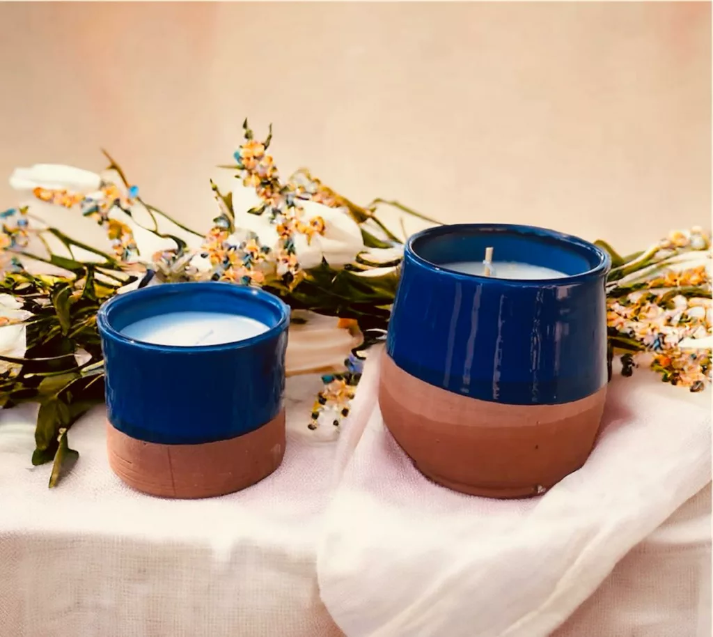 Bougies artisanales parfumées terre cuite bleue