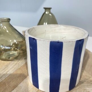 Bougie parfumée poterie rayures bleues